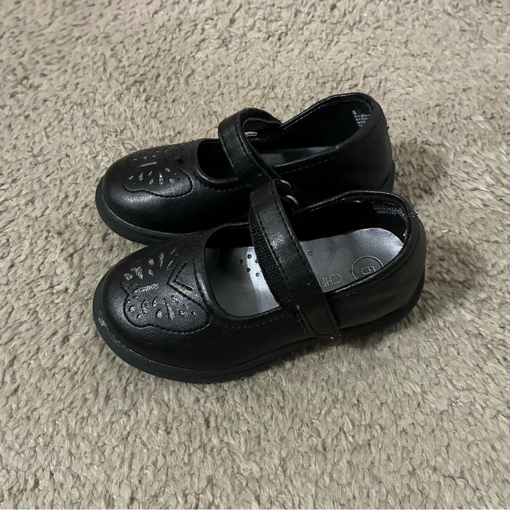 Cherokee Black Mary Jane Velcro Dress Shoes with Butterfly Design Girl Size 5